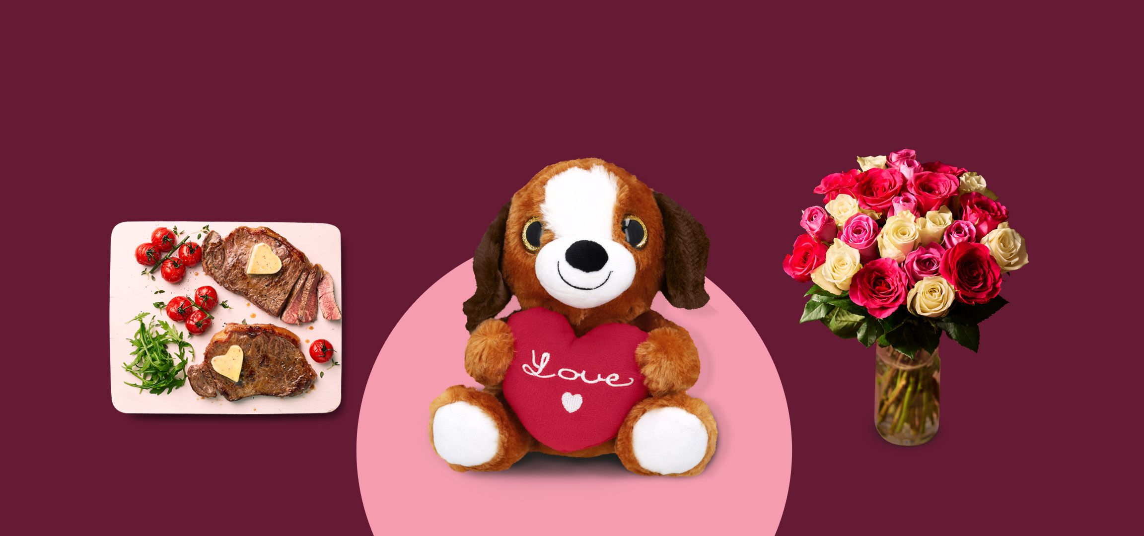 Steak with tomatoes, a plush dog holding a heart, and a bouquet of roses.