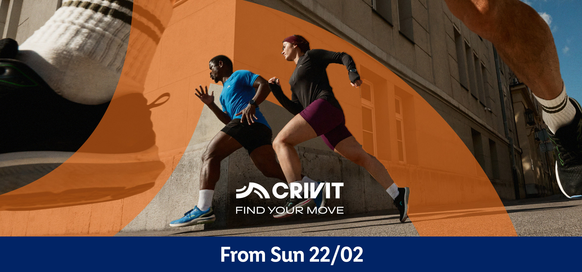 Man and woman doing push-ups on exercise mats, with fitness equipment nearby. Text: From Sun 22/02.