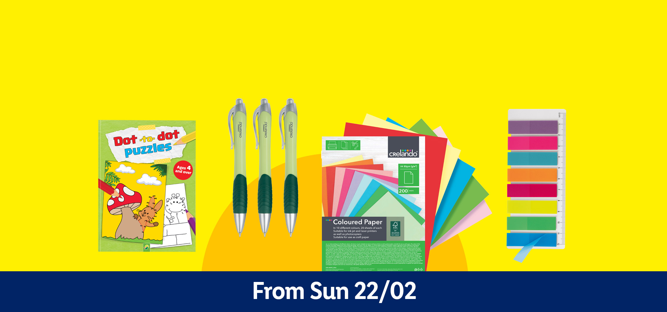 Stationery items including colored paper, pens, sticky notes, and a dot-to-dot puzzle book.