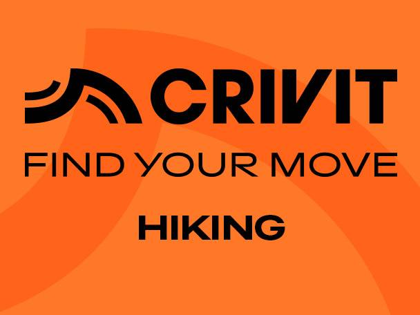 Orange background with black text: 'FIND YOUR MOVE HIKING' and a stylized logo.