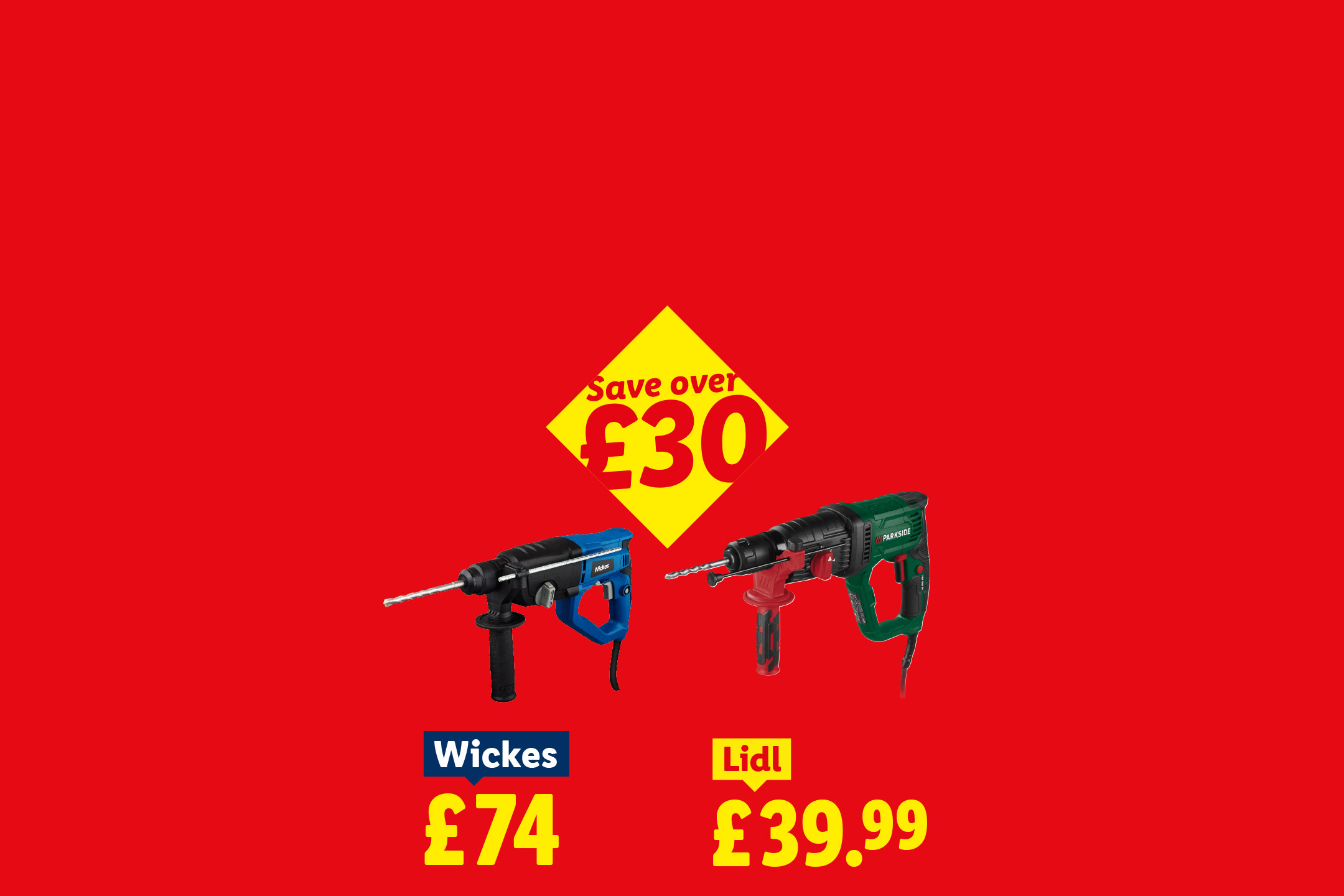 Two hammer drills, one blue and one green, with a yellow 'Save over £30' tag.