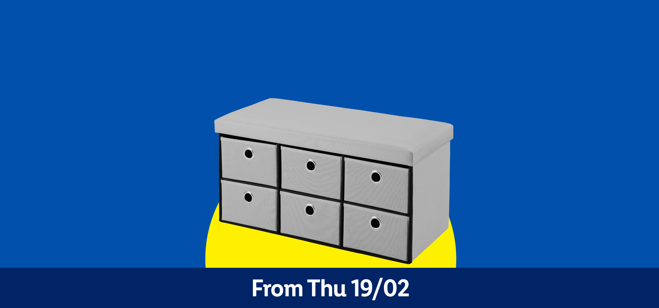 Home decor items including a plant, heart-shaped photo frame, storage ottoman, and side table. From Thu 19/02.