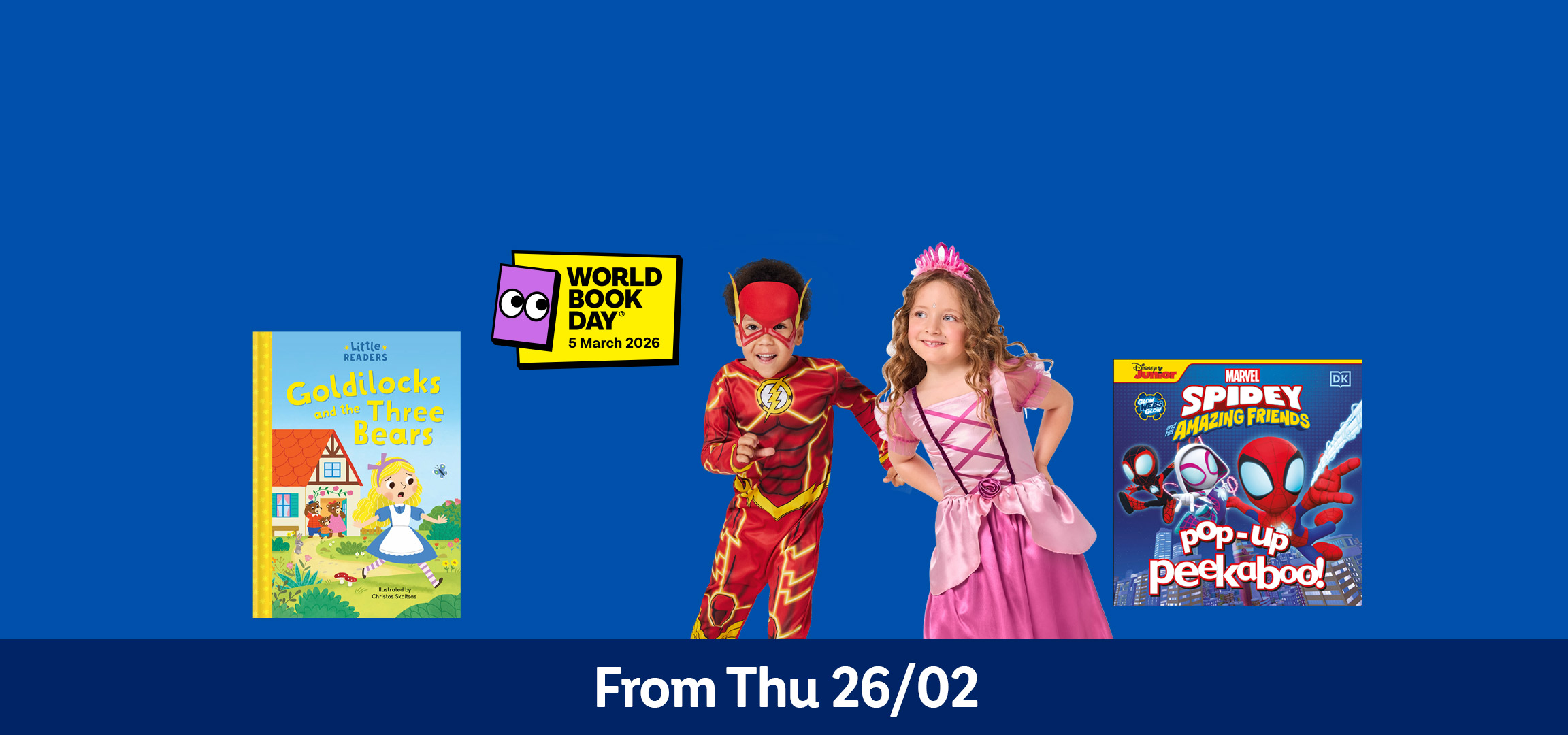 World Book Day banner with a Spidey pop-up book, a child in a Flash costume, and a child in a princess dress.