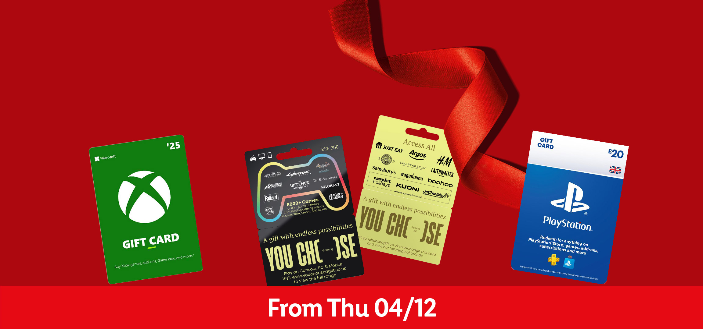 Gift cards for Xbox, PlayStation, gaming, and various retailers on a red background.