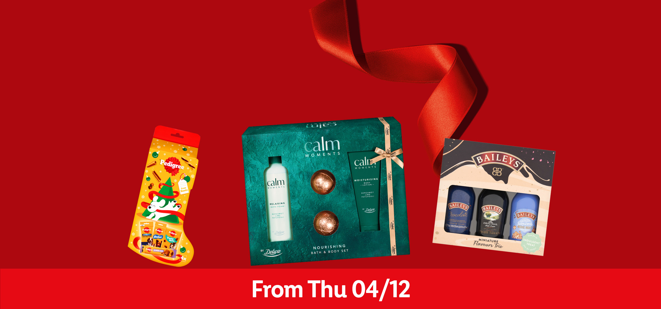 Lynx, Pedigree, Calm Moments, and Baileys gift sets on a red background, available from Thursday 04/12.