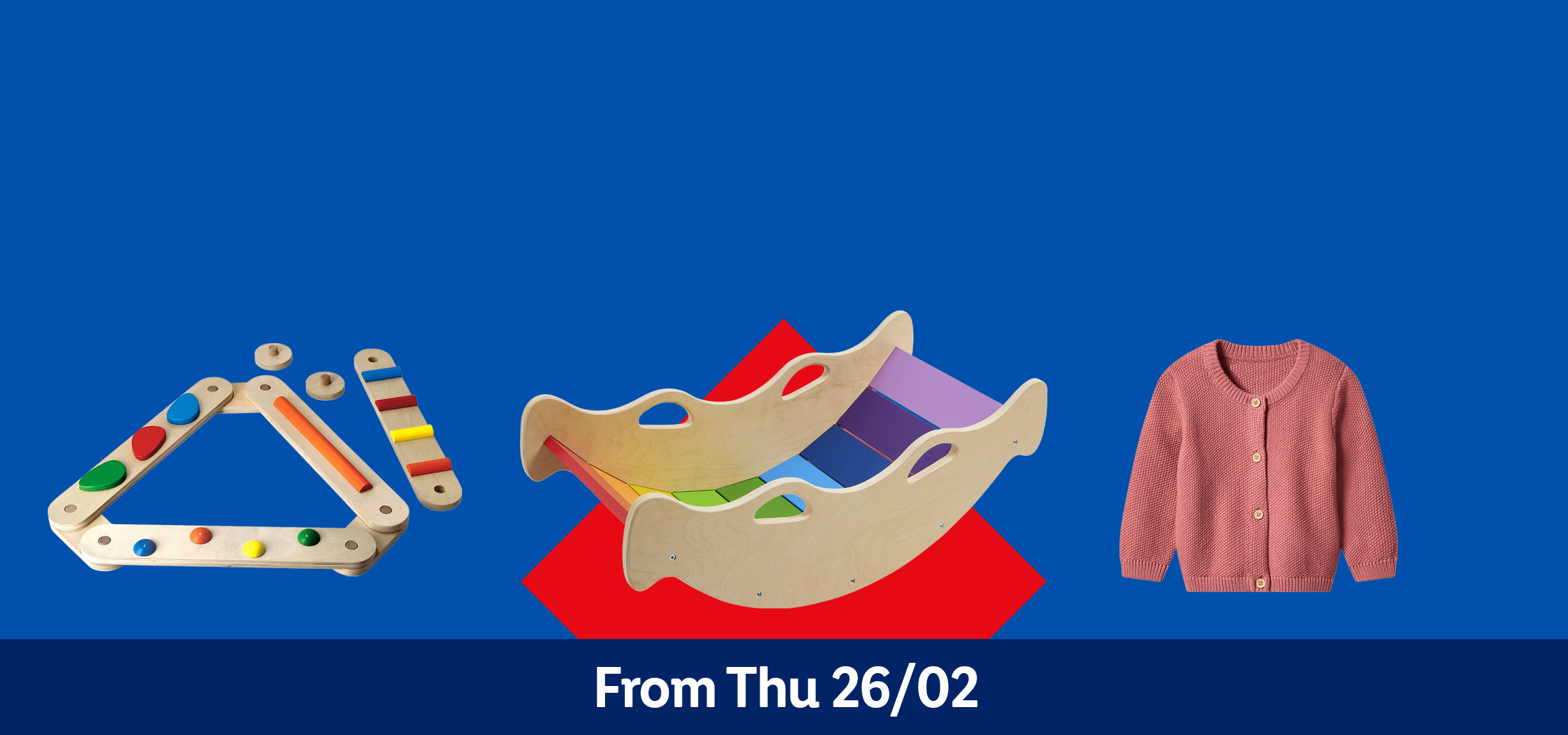 Baby clothes and wooden toys, including a rocker and a puzzle, available from Thursday 26/02.