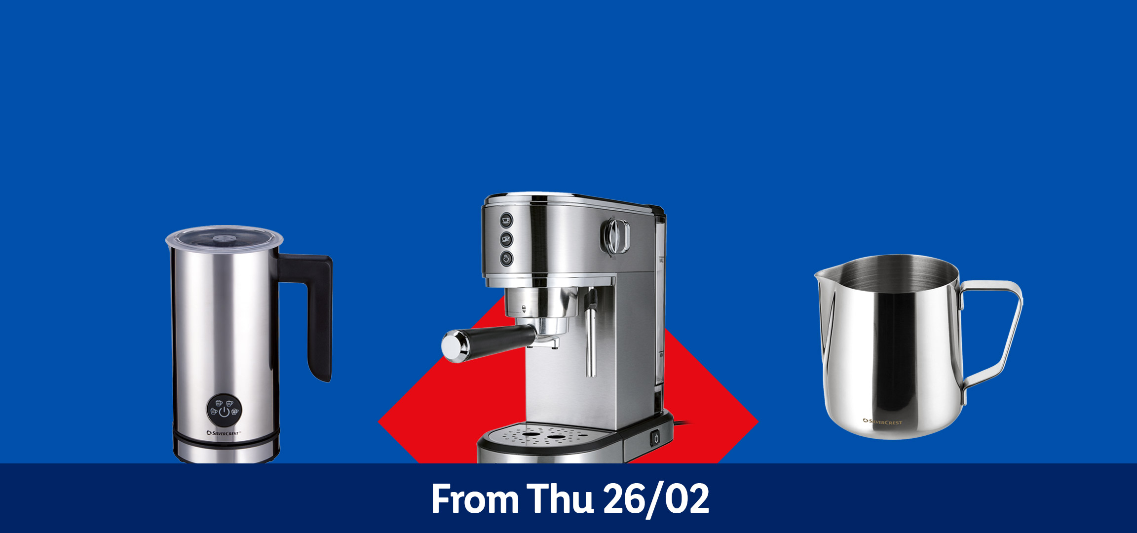 Coffee machine, milk frother, and accessories on a blue background, available from Thursday 26/02.