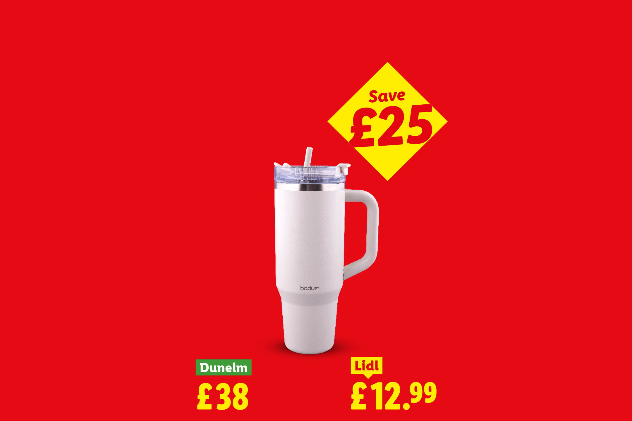 A white travel mug with a handle and straw, showing a price comparison and savings.