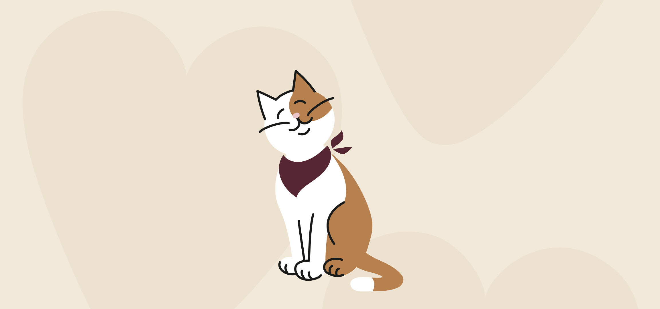 A smiling cat with a burgundy bandana on a beige background with abstract shapes.