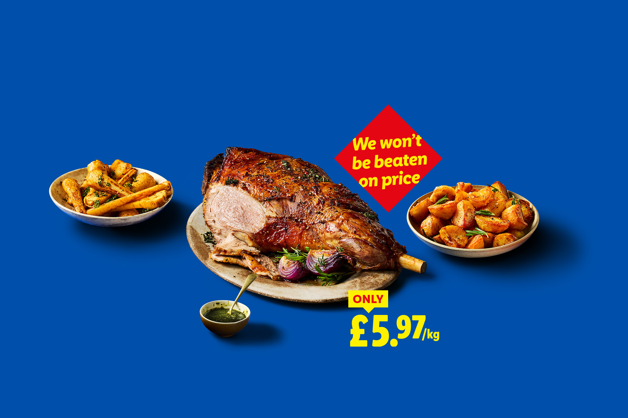 Roasted lamb leg with roasted vegetables and a price tag of £5.97/kg, stating 'We won't be beaten on price'.