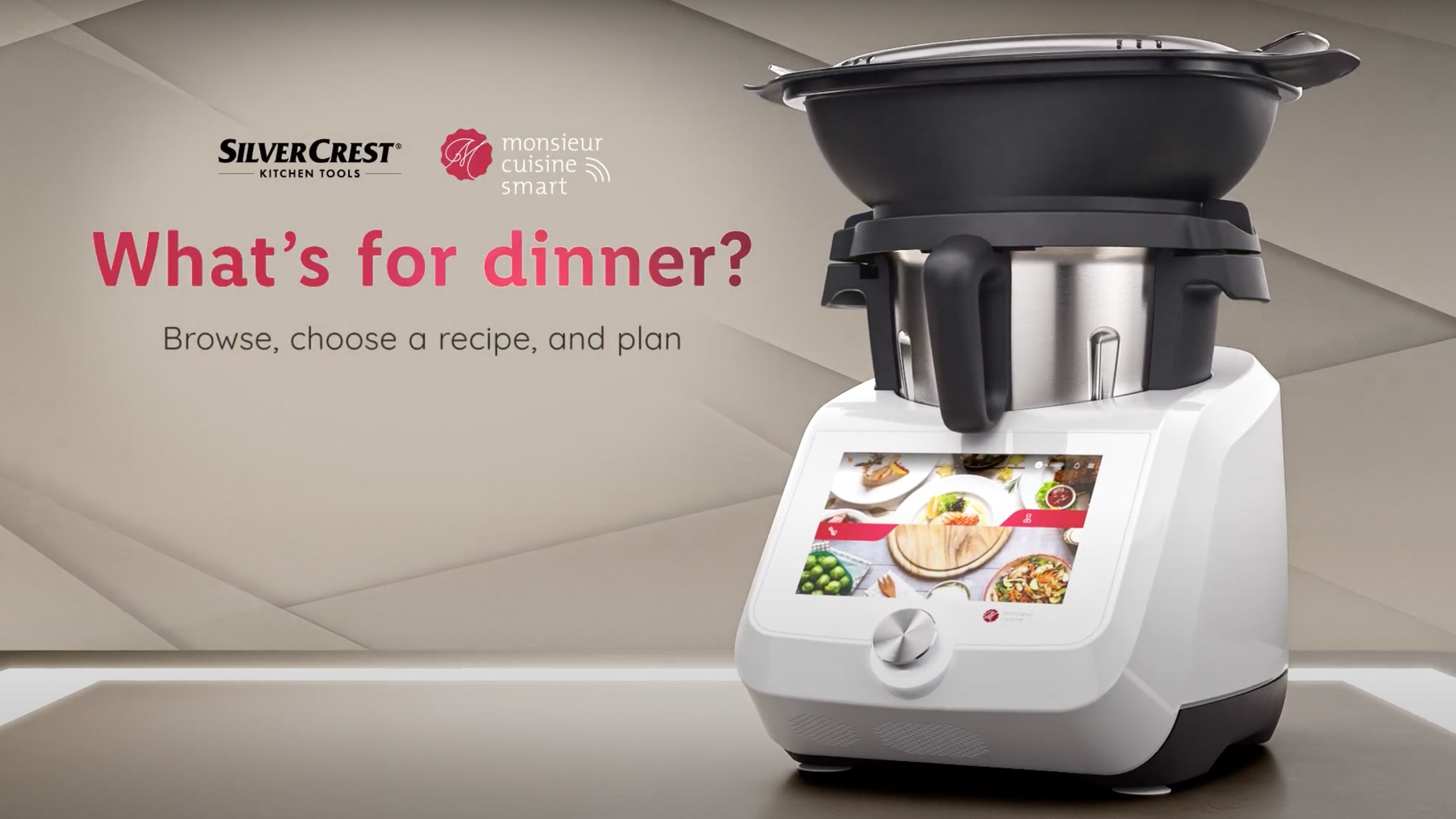 SilverCrest Monsieur Cuisine Smart kitchen appliance with recipe display.