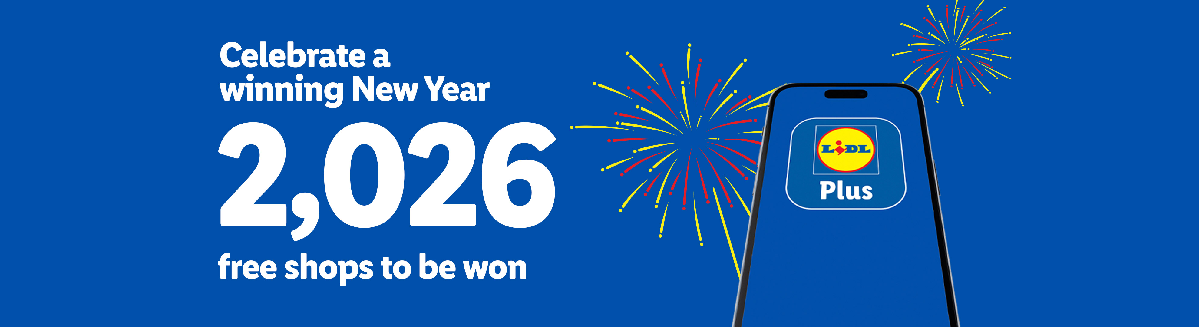 Lidl Plus app on a phone with fireworks, celebrating 2,026 free shops to be won.