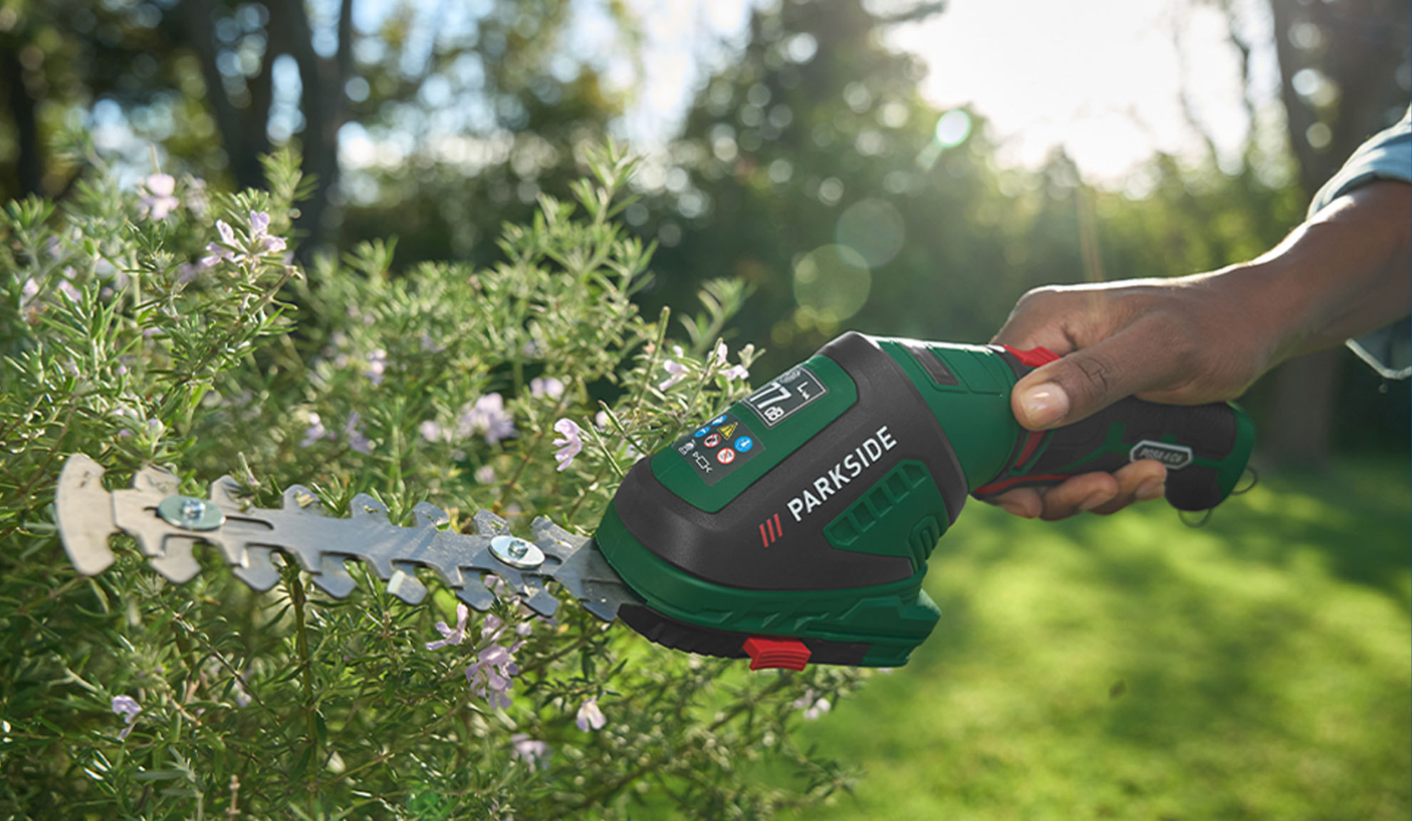 Person trimming a green bush with a handheld hedge trimmer.