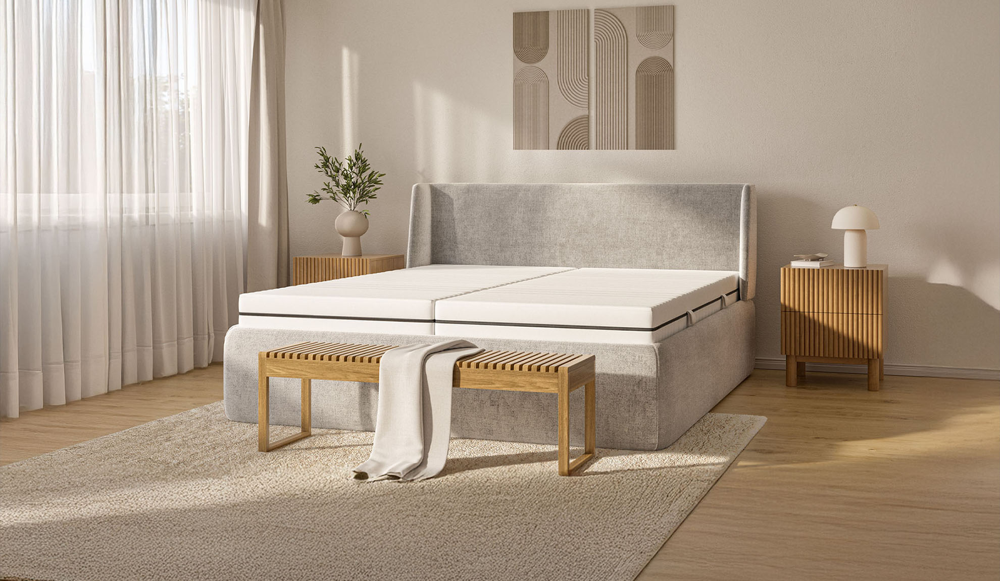 Modern bedroom with upholstered bed, white mattresses, wooden bench, and nightstands.