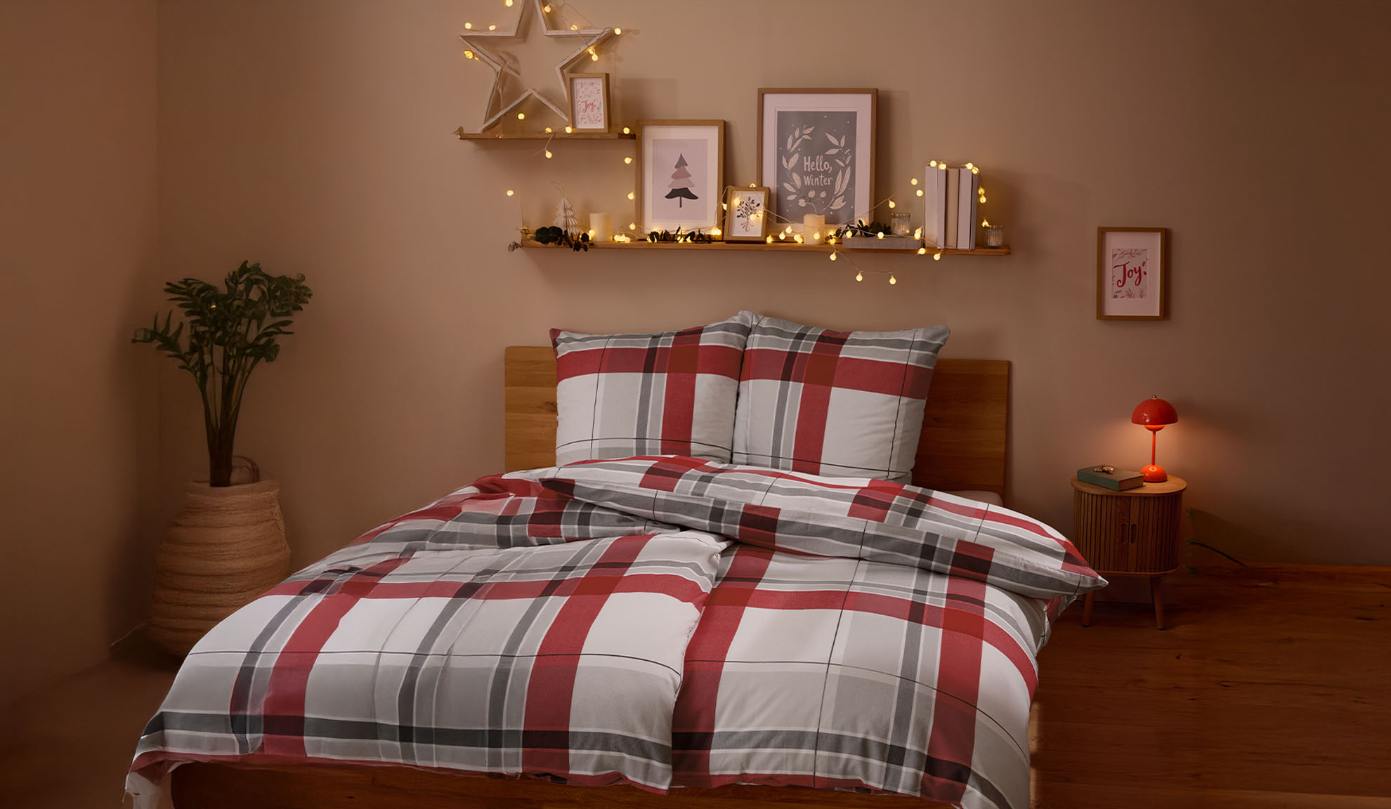 Bedroom with red and grey plaid duvet cover, decorative shelves, and a plant.