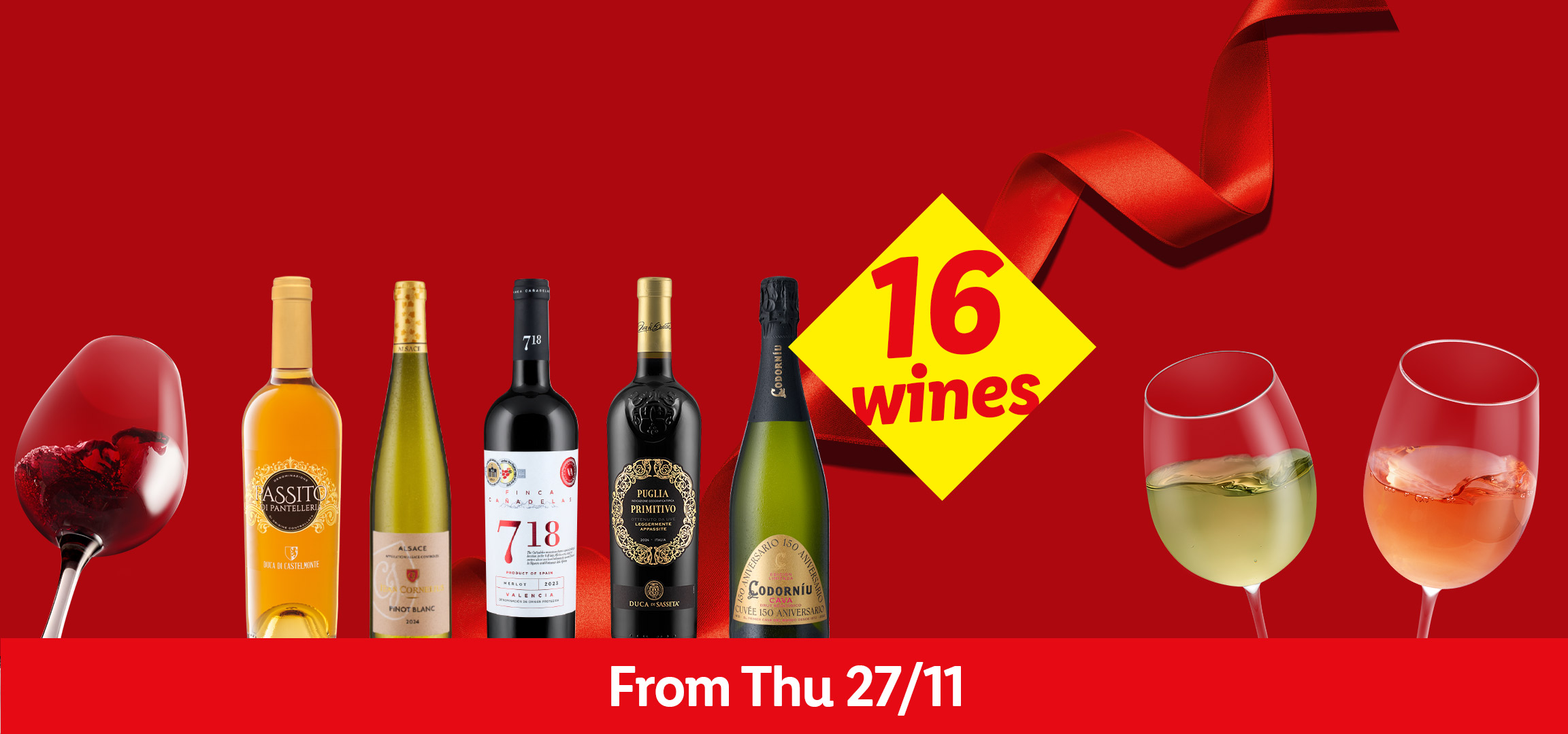 Red background with wine glasses, bottles, and text '16 wines' and 'From Thu 27/11'.