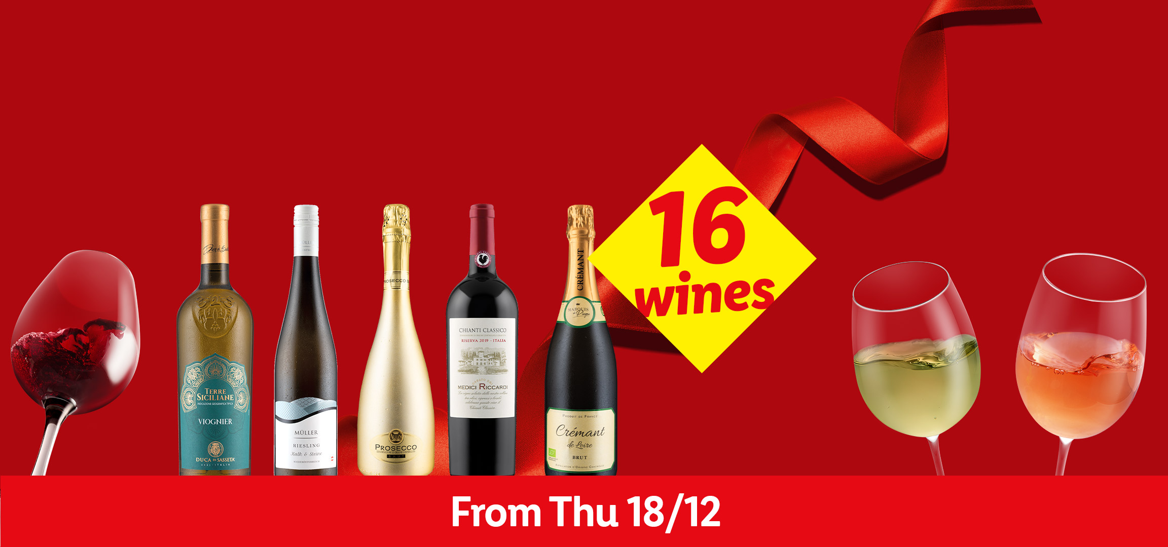 Wine promotion banner with 16 wines, including Terre Siciliane Viognier, Müller Riesling, Prosecco, Chianti Classico, and Crémant de Loire, available from Thursday 18/12.