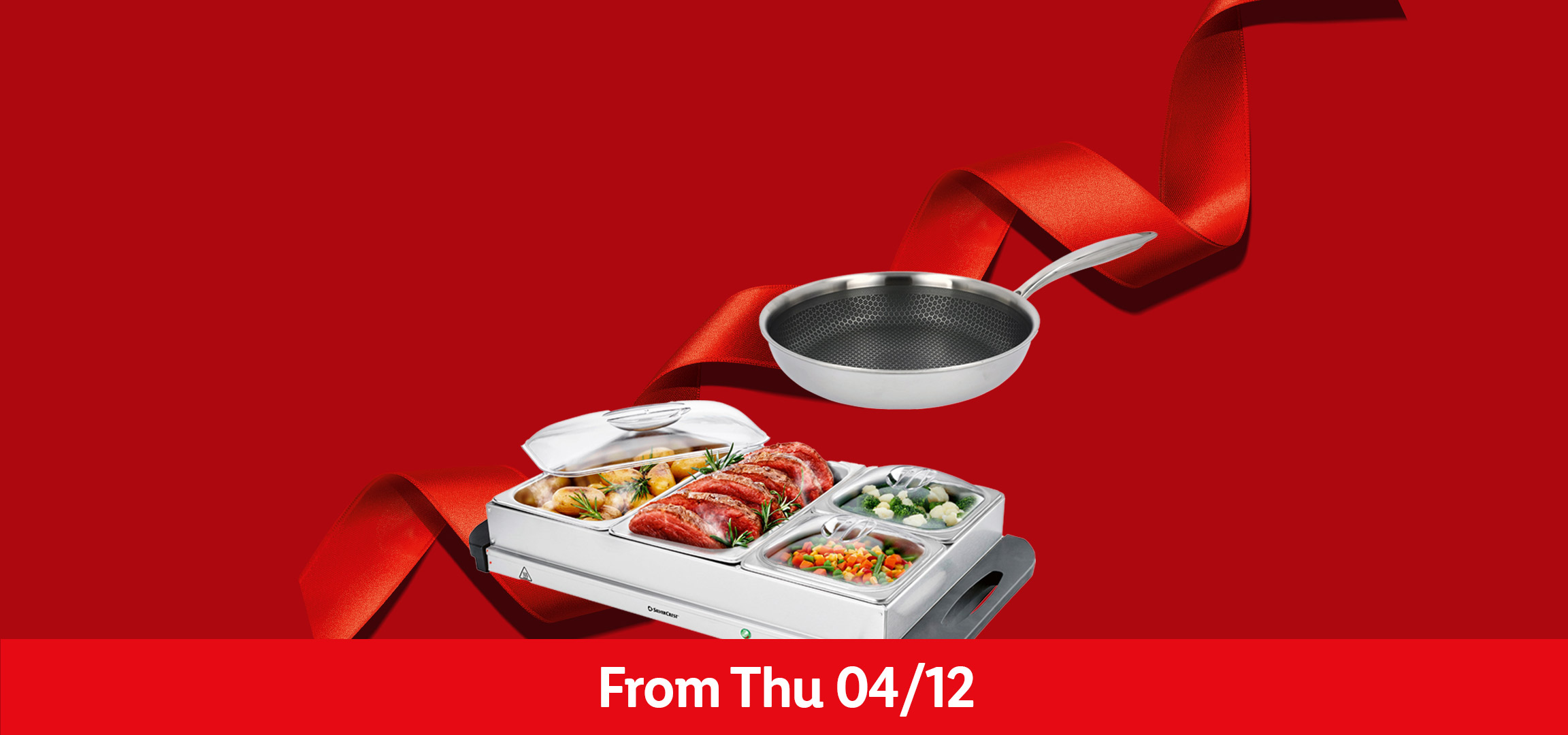 Red background with golden cutlery, a frying pan, a cheese board, and a buffet server.