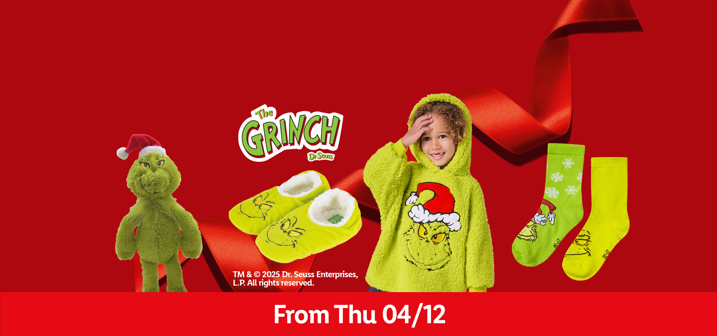 Grinch-themed socks, slippers, and a hooded blanket for kids, available from Thursday 04/12.