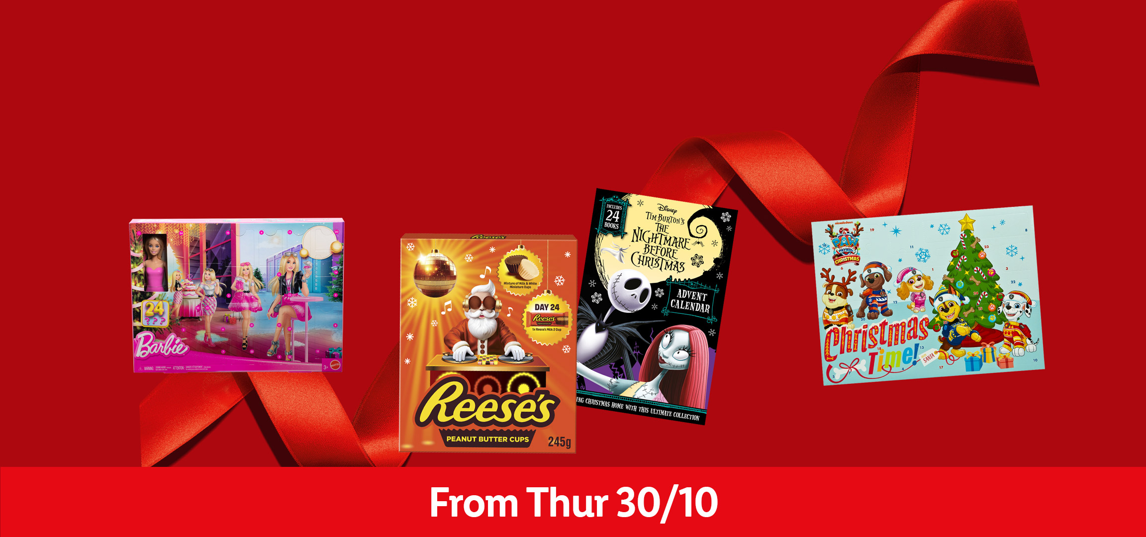 Christmas advent calendars featuring Barbie, Reese's, Nightmare Before Christmas, and Paw Patrol.