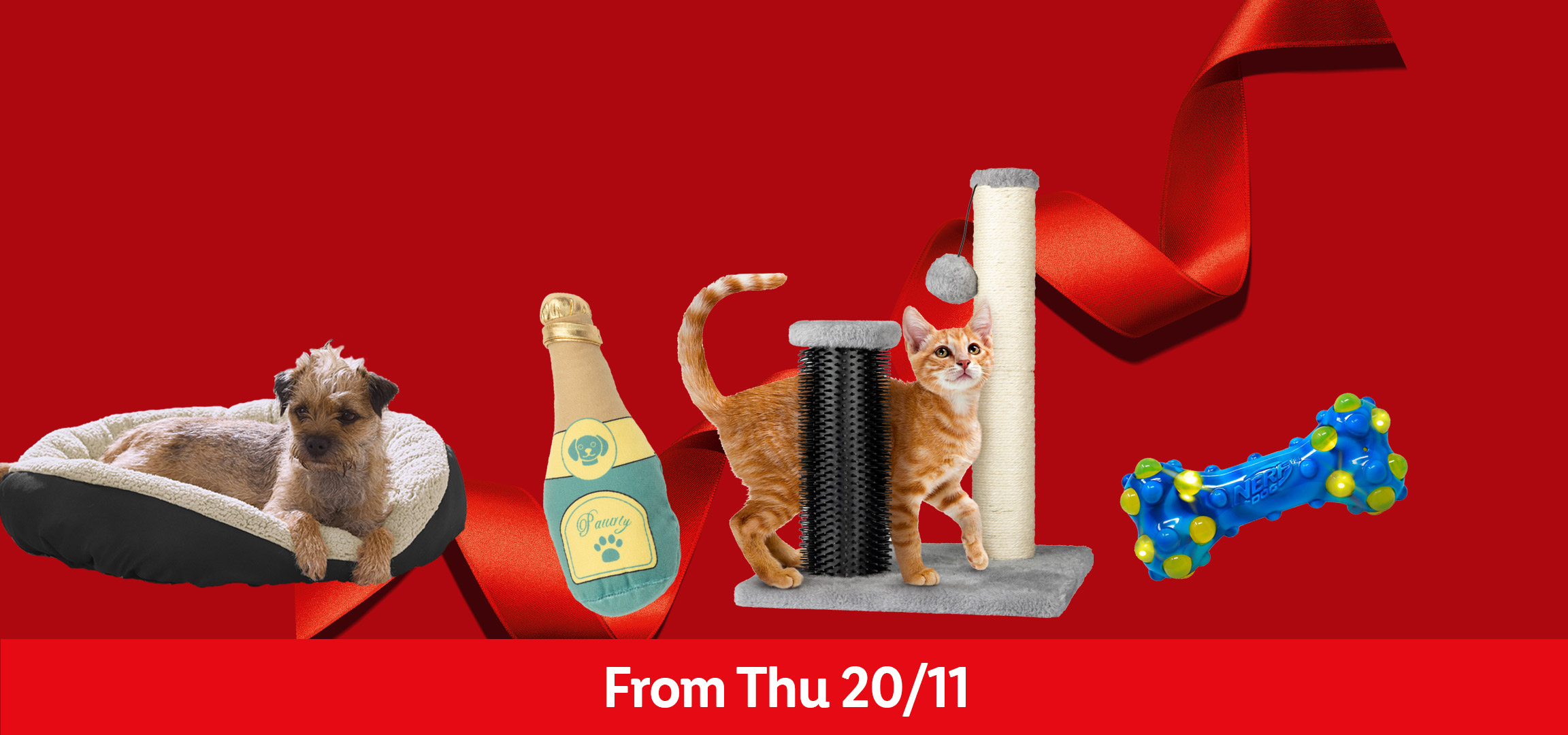 Pet Christmas gifts: dog in bed, reindeer toy, champagne toy, cat on scratching post, dog toy. From Thu 20/11.