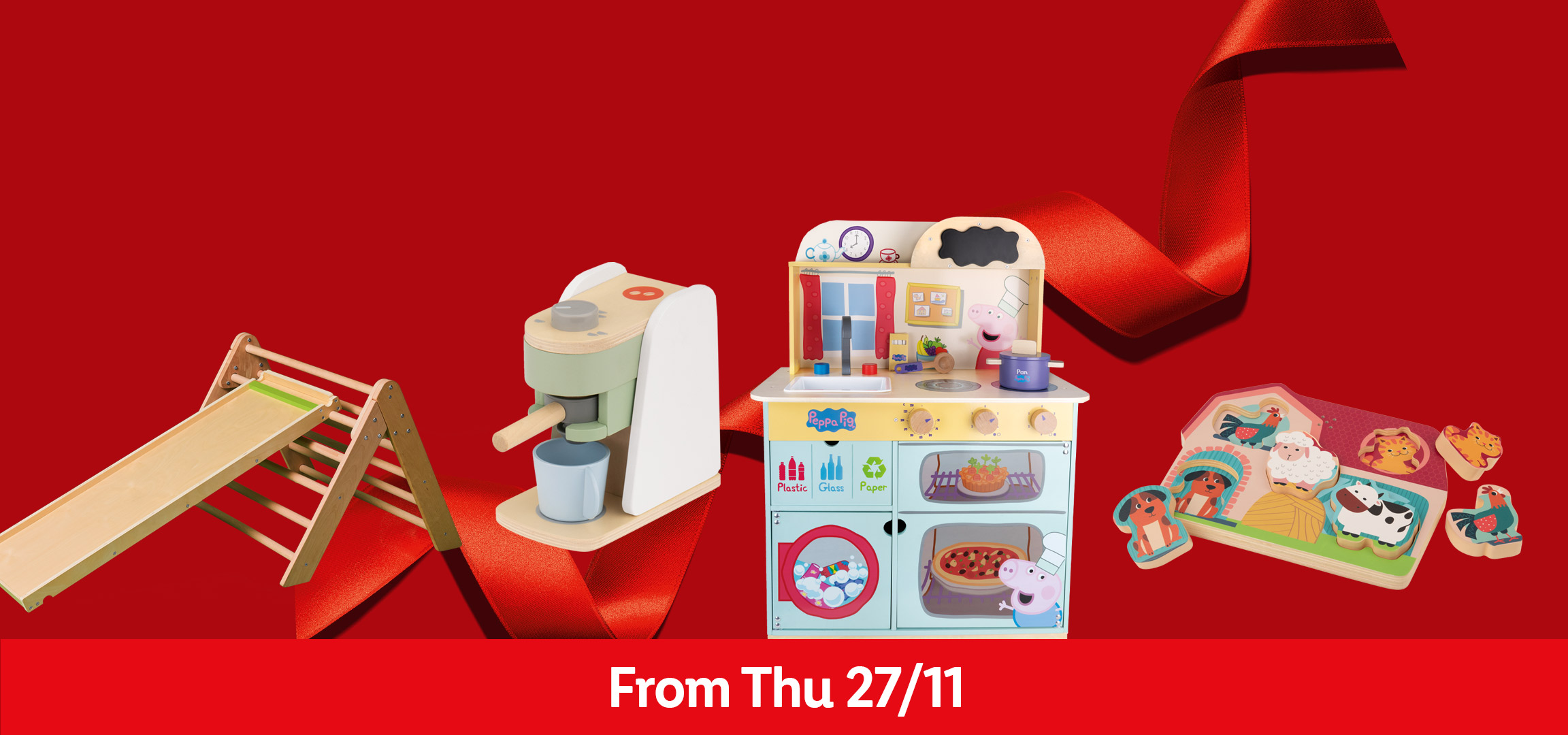 Wooden toys: farm puzzle, indoor slide, Peppa Pig kitchen, and coffee machine.