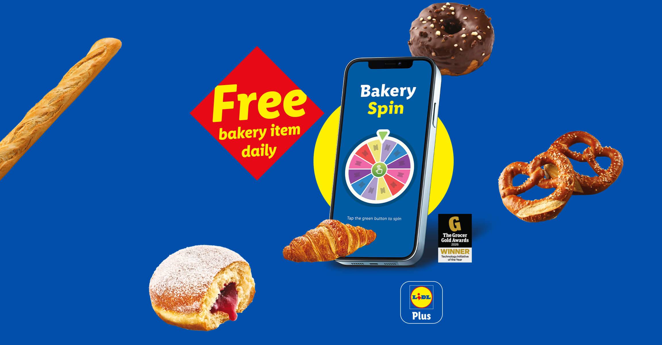 A variety of baked goods and a phone displaying a 'Bakery Spin' game, offering a free bakery item daily.