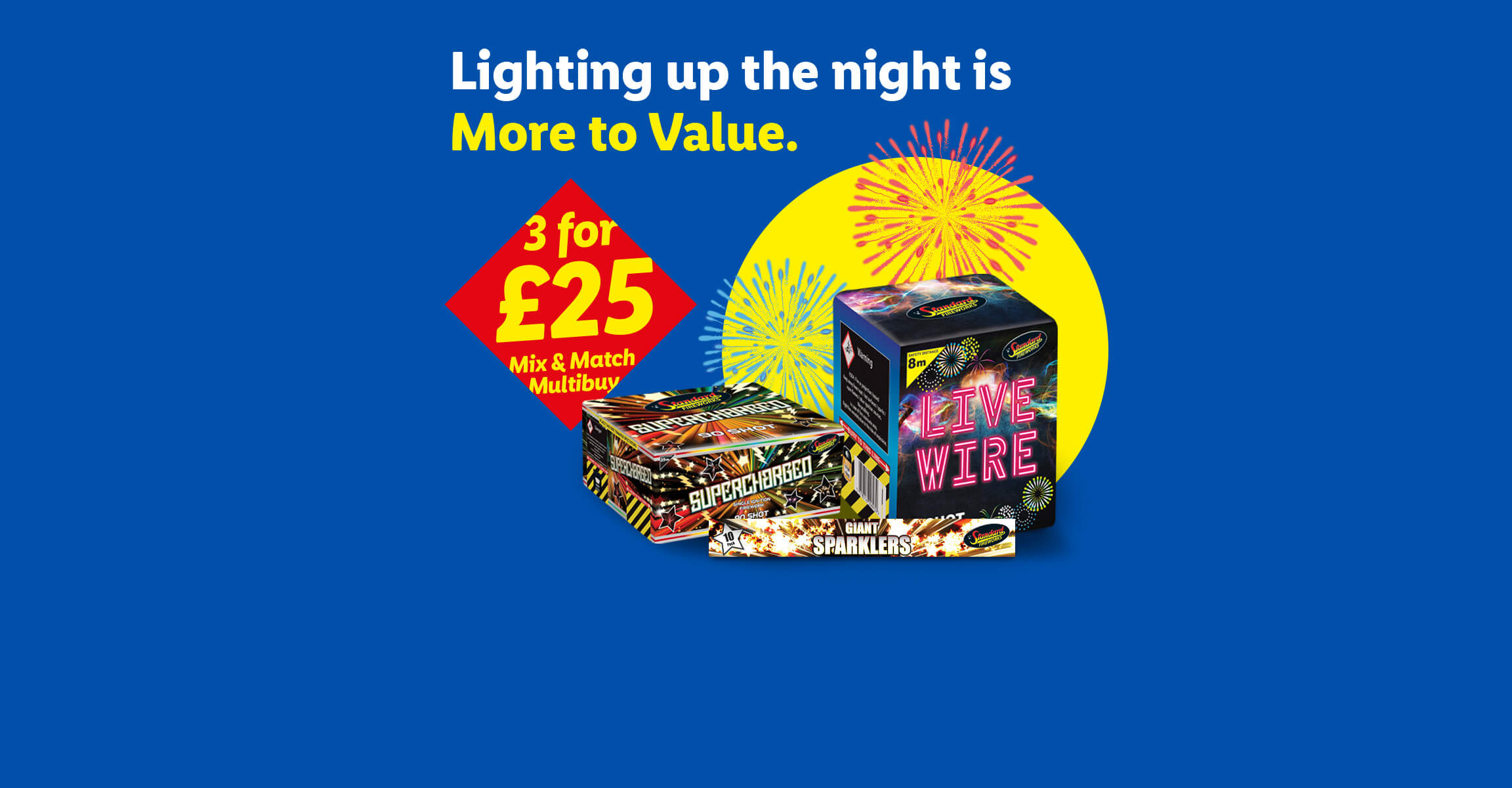 A selection of fireworks with a 3 for £25 mix and match multibuy offer.