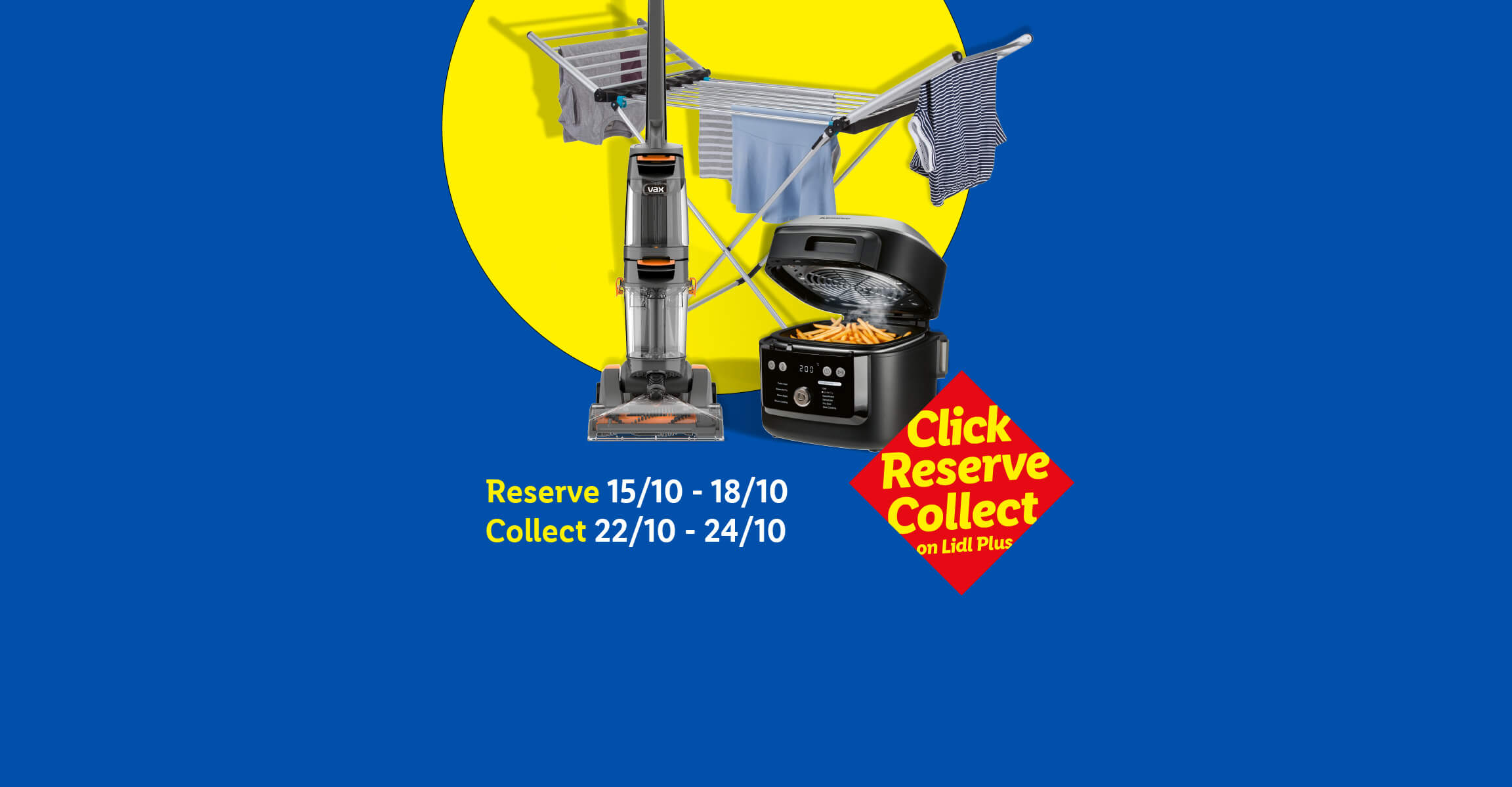 Promotional banner for Lidl Plus Click Reserve Collect featuring a carpet cleaner, air fryer, and clothes airer.