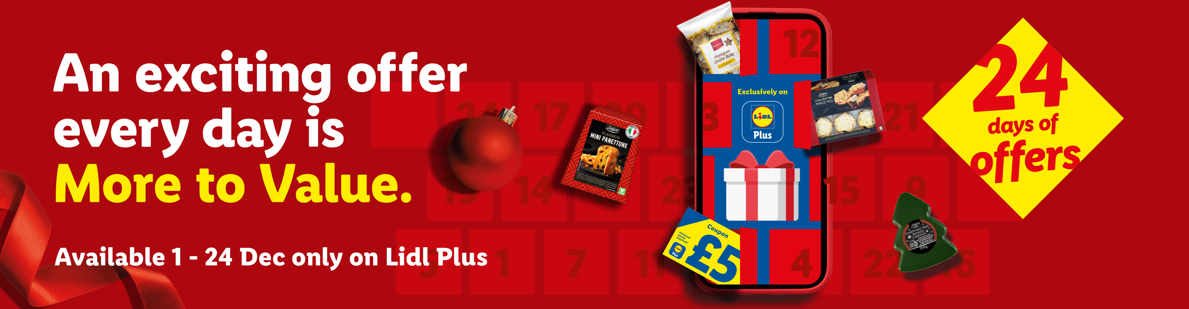 Lidl Plus app offers 24 days of deals, featuring mini panettone, mince pies, and a £5 coupon.