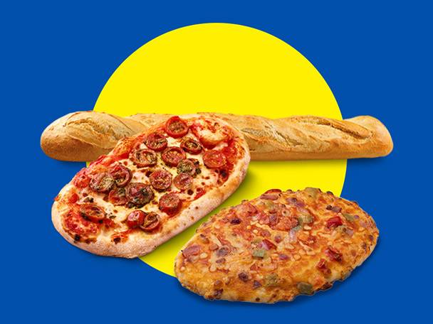 Two pizzas and a baguette on a blue background with a yellow circle.