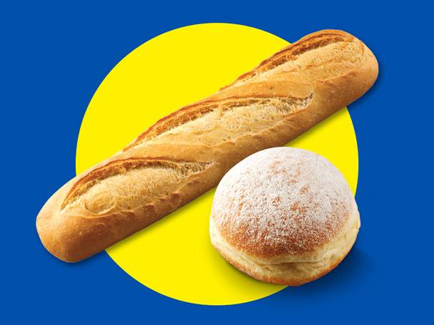 A baguette and a powdered sugar donut on a yellow circle against a blue background.