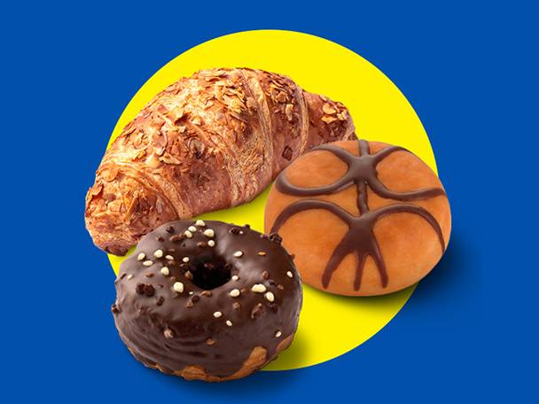 Almond croissant, chocolate donut, and chocolate-glazed bun on a yellow circle.