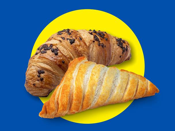 Two croissants, one with chocolate chips, on a yellow circle against a blue background.