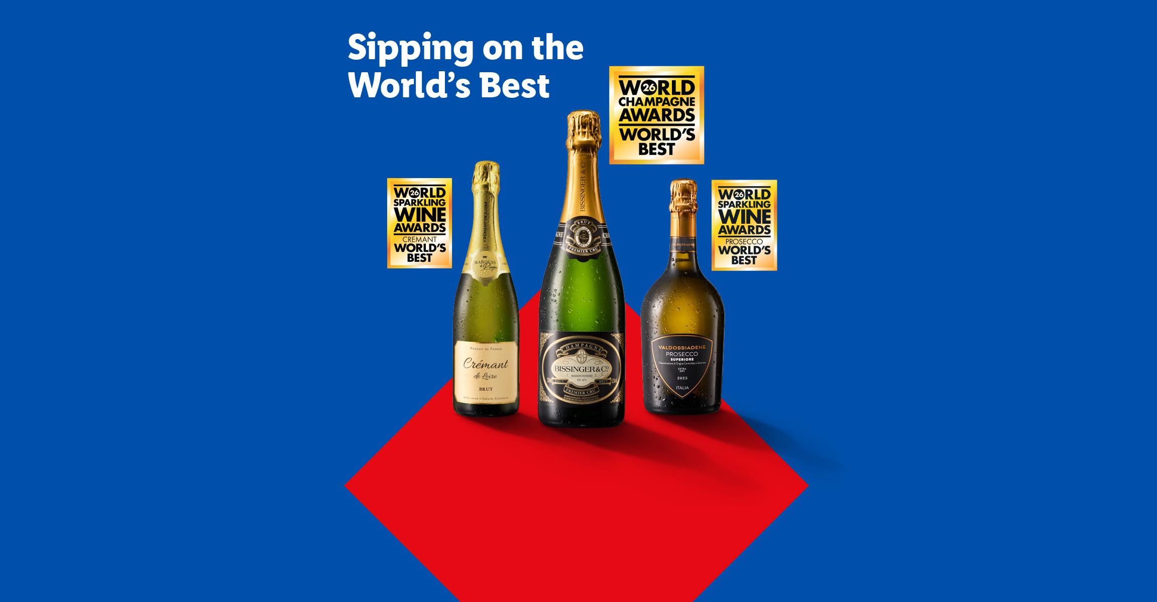 Three bottles of sparkling wine with awards, on a blue and red background, with text 'Sipping on the World's Best'.