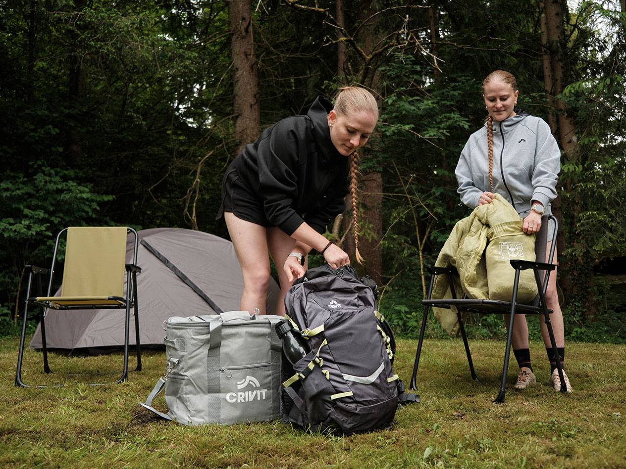 Camping gear: Crivit backpack, chairs, and tent.